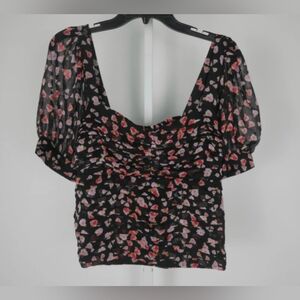 KARL LAGERFELD PARIS Women's Floral Printed Ruched Puff-Sleeve Blouse XL